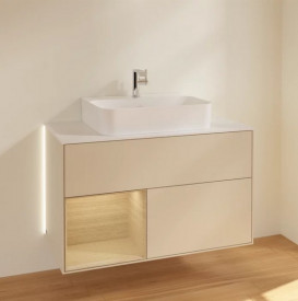 Тумба под раковину Villeroy & Boch Finion 100х50,1 см с подсветкой МДФ песок матовый лак/шпон дуба/стекло белое матовое G111PCHH