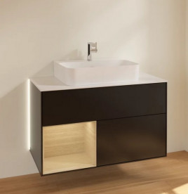 Тумба под раковину Villeroy & Boch Finion 100х50,1 см с подсветкой МДФ черный матовый лак/шпон дуба/стекло белое матовое G111PCPD