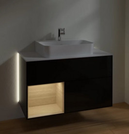 Тумба під раковину Villeroy & Boch Finion 100х50,1 см із підсвічуванням МДФ глянсовий чорний лак/шпон дуба/скло біле матове G111PCPH