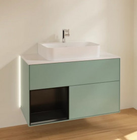 Тумба під раковину Villeroy & Boch Finion 100х50,1 см із підсвічуванням МДФ оливковий матовий лак/чорний матовий лак/скло біле матове G111PDGM