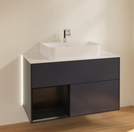 Тумба под раковину Villeroy & Boch Finion 100х50,1 см с подсветкой МДФ темно-синий матовый лак/черный матовый лак/стекло белое матовое G111PDHG