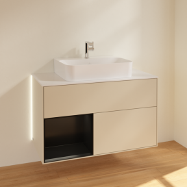 Тумба под раковину Villeroy & Boch Finion 100х50,1 см с подсветкой МДФ песок матовый лак/черный матовый лак/стекло белое матовое G111PDHH