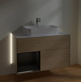 Тумба под раковину Villeroy & Boch Finion 100х50,1 см с подсветкой ДСП шпон дуба/черный матовый лак/стекло белое матовое G111PDPC