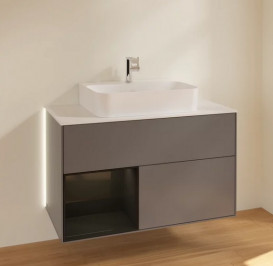 Тумба под раковину Villeroy & Boch Finion 100х50,1 см с подсветкой МДФ антрацит матовый лак/глянцевый черный лак/стекло белое матовое G111PHGK