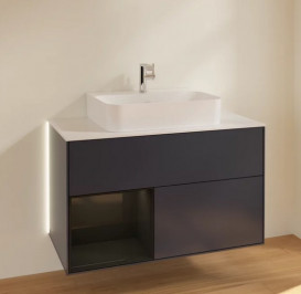 Тумба под раковину Villeroy & Boch Finion 100х50,1 см с подсветкой МДФ темно-синий матовый лак/глянцевый черный лак/стекло белое матовое G111PHHG