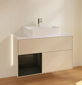 Тумба под раковину Villeroy & Boch Finion 100х50,1 см с подсветкой МДФ песок матовый лак/глянцевый черный лак/стекло белое матовое G111PHHH