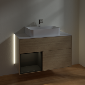 Тумба под раковину Villeroy & Boch Finion 100х50,1 см с подсветкой ДСП шпон дуба/глянцевый черный лак/стекло белое матовое G111PHPC