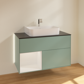 Тумба под раковину Villeroy & Boch Finion 100х50,1 см с подсветкой МДФ оливковый матовый лак/глянцевый белый лак/стекло черное матовое G112GFGM