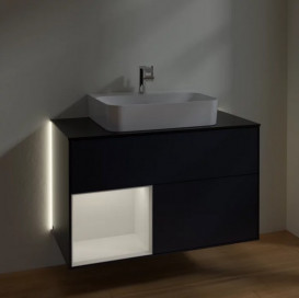 Тумба под раковину Villeroy & Boch Finion 100х50,1 см с подсветкой МДФ темно-синий матовый лак/глянцевый белый лак/стекло черное матовое G112GFHG