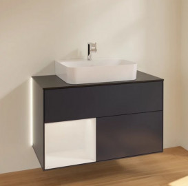 Тумба под раковину Villeroy & Boch Finion 100х50,1 см с подсветкой МДФ темно-синий матовый лак/глянцевый белый лак/стекло черное матовое G112GFHG