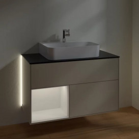 Тумба под раковину Villeroy & Boch Finion 100х50,1 см с подсветкой МДФ песок матовый лак/глянцевый белый лак/стекло черное матовое G112GFHH