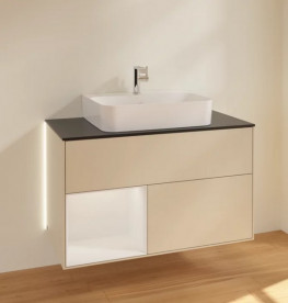 Тумба под раковину Villeroy & Boch Finion 100х50,1 см с подсветкой МДФ песок матовый лак/глянцевый белый лак/стекло черное матовое G112GFHH