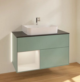 Тумба под раковину Villeroy & Boch Finion 100х50,1 см с подсветкой МДФ оливковый матовый лак/светло-серый матовый лак/стекло черное матовое G112GJGM