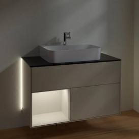 Тумба под раковину Villeroy & Boch Finion 100х50,1 см с подсветкой МДФ песок матовый лак/светло-серый матовый лак/стекло черное матовое G112GJHH