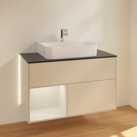 Тумба под раковину Villeroy & Boch Finion 100х50,1 см с подсветкой МДФ песок матовый лак/светло-серый матовый лак/стекло черное матовое G112GJHH