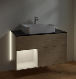 Тумба под раковину Villeroy & Boch Finion 100х50,1 см с подсветкой ДСП шпон дуба/светло-серый матовый лак/стекло черное матовое G112GJPC