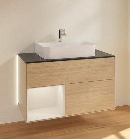 Тумба под раковину Villeroy & Boch Finion 100х50,1 см с подсветкой ДСП шпон дуба/светло-серый матовый лак/стекло черное матовое G112GJPC