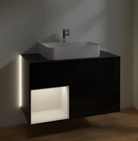 Тумба под раковину Villeroy & Boch Finion 100х50,1 см с подсветкой МДФ глянцевый черный лак/светло-серый матовый лак/стекло черное матовое G112GJPH