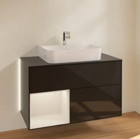 Тумба под раковину Villeroy & Boch Finion 100х50,1 см с подсветкой МДФ глянцевый черный лак/светло-серый матовый лак/стекло черное матовое G112GJPH