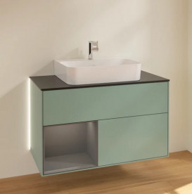 Тумба под раковину Villeroy & Boch Finion 100х50,1 см с подсветкой МДФ оливковый матовый лак/антрацит матовый лак/стекло черное матовое G112GKGM