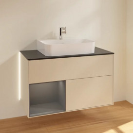 Тумба под раковину Villeroy & Boch Finion 100х50,1 см с подсветкой МДФ песок матовый лак/антрацит матовый лак/стекло черное матовое G112GKHH