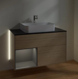 Тумба под раковину Villeroy & Boch Finion 100х50,1 см с подсветкой ДСП шпон дуба/антрацит матовый лак/стекло черное матовое G112GKPC