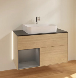 Тумба под раковину Villeroy & Boch Finion 100х50,1 см с подсветкой ДСП шпон дуба/антрацит матовый лак/стекло черное матовое G112GKPC