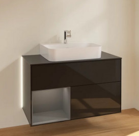 Тумба под раковину Villeroy & Boch Finion 100х50,1 см с подсветкой МДФ глянцевый черный лак/антрацит матовый лак/стекло черное матовое G112GKPH