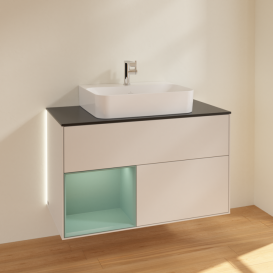 Тумба під раковину Villeroy & Boch Finion 100х50,1 см із підсвічуванням МДФ світло-сірий матовий лак/оливковий матовий лак/скло чорне матове G112GMGJ