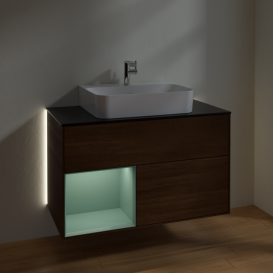 Тумба под раковину Villeroy & Boch Finion 100х50,1 см с подсветкой ДСП шпон грецкого ореха/оливковый матовый лак/стекло черное матовое G112GMGN