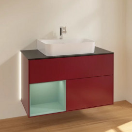 Тумба под раковину Villeroy & Boch Finion 100х50,1 см с подсветкой МДФ пион матовый лак/оливковый матовый лак/стекло черное матовое G112GMHB