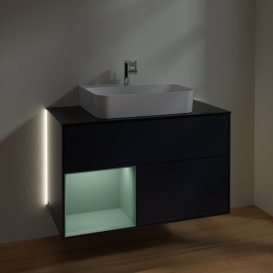Тумба под раковину Villeroy & Boch Finion 100х50,1 см с подсветкой МДФ темно-синий матовый лак/оливковый матовый лак/стекло черное матовое G112GMHG