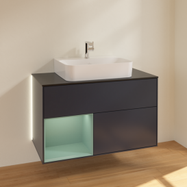 Тумба под раковину Villeroy & Boch Finion 100х50,1 см с подсветкой МДФ темно-синий матовый лак/оливковый матовый лак/стекло черное матовое G112GMHG