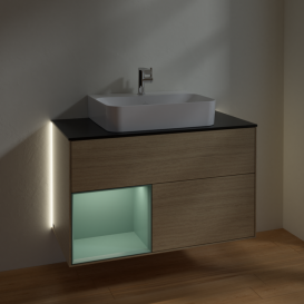 Тумба под раковину Villeroy & Boch Finion 100х50,1 см с подсветкой ДСП шпон дуба/оливковый матовый лак/стекло черное матовое G112GMPC