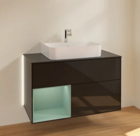 Тумба під раковину Villeroy & Boch Finion 100х50,1 см із підсвічуванням МДФ глянсовий чорний лак/оливковий матовий лак/скло чорне матове G112GMPH