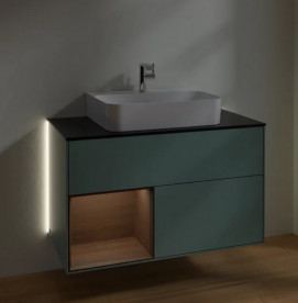 Тумба под раковину Villeroy & Boch Finion 100х50,1 см с подсветкой МДФ оливковый матовый лак/шпон грецкого ореха/стекло черное матовое G112GNGM