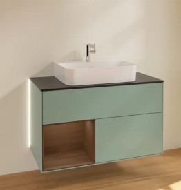 Тумба под раковину Villeroy & Boch Finion 100х50,1 см с подсветкой МДФ оливковый матовый лак/шпон грецкого ореха/стекло черное матовое G112GNGM