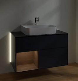 Тумба под раковину Villeroy & Boch Finion 100х50,1 см с подсветкой МДФ темно-синий матовый лак/шпон грецкого ореха/стекло черное матовое G112GNHG
