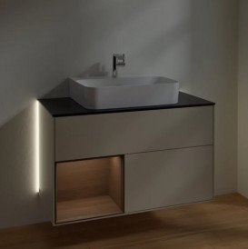 Тумба под раковину Villeroy & Boch Finion 100х50,1 см с подсветкой МДФ песок матовый лак/шпон грецкого ореха/стекло черное матовое G112GNHH