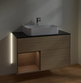 Тумба под раковину Villeroy & Boch Finion 100х50,1 см с подсветкой ДСП шпон дуба/шпон грецкого ореха/стекло черное матовое G112GNPC