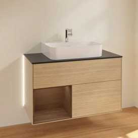 Тумба под раковину Villeroy & Boch Finion 100х50,1 см с подсветкой ДСП шпон дуба/шпон грецкого ореха/стекло черное матовое G112GNPC