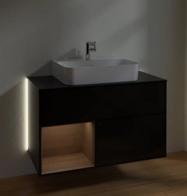 Тумба под раковину Villeroy & Boch Finion 100х50,1 см с подсветкой МДФ глянцевый черный лак/шпон грецкого ореха/стекло черное матовое  G112GNPH