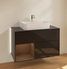Тумба под раковину Villeroy & Boch Finion 100х50,1 см с подсветкой МДФ глянцевый черный лак/шпон грецкого ореха/стекло черное матовое  G112GNPH