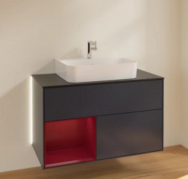 Тумба под раковину Villeroy & Boch Finion 100х50,1 см с подсветкой МДФ темно-синий матовый лак/пион матовый лак/стекло черное матовое  G112HBHG