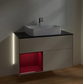 Тумба під раковину Villeroy & Boch Finion 100х50,1 см з підсвічуванням МДФ пісок матовий лак/півон матовий лак/скло чорне матове G112HBHH