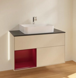 Тумба під раковину Villeroy & Boch Finion 100х50,1 см з підсвічуванням МДФ пісок матовий лак/півон матовий лак/скло чорне матове G112HBHH