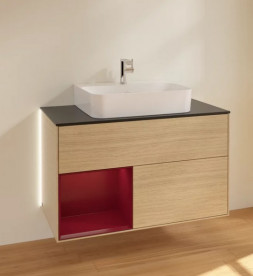 Тумба под раковину Villeroy & Boch Finion 100х50,1 см с подсветкой ДСП шпон дуба/пион матовый лак/стекло черное матовое G112HBPC