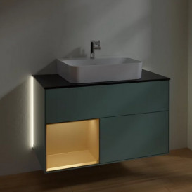 Тумба под раковину Villeroy & Boch Finion 100х50,1 см с подсветкой МДФ оливковый матовый лак/золотой матовый лак/стекло черное матовое G112HFGM