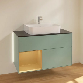 Тумба под раковину Villeroy & Boch Finion 100х50,1 см с подсветкой МДФ оливковый матовый лак/золотой матовый лак/стекло черное матовое G112HFGM