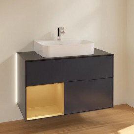 Тумба под раковину Villeroy & Boch Finion 100х50,1 см с подсветкой МДФ темно-синий матовый лак/золотой матовый лак/стекло черное матовое G112HFHG